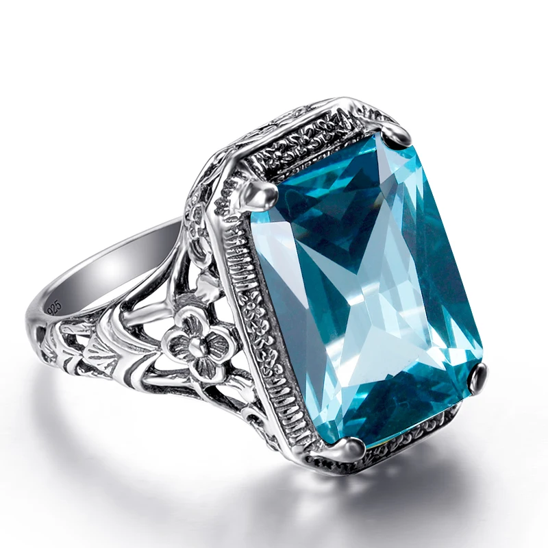 Szjinao Korean Wedding Ring Aquamarine Birthstone Promise Square Design 925 Sterling Silver Jewelry Simple Rings for Girls