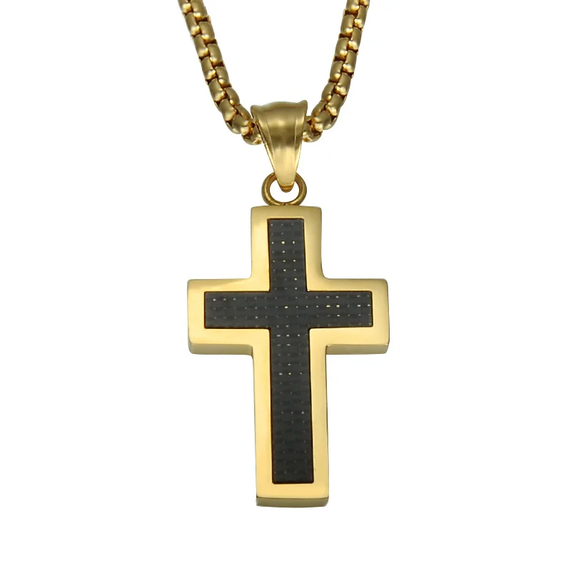 HIP Gold Color Carbon Fiber Inlaid Cross Necklaces Trendy Stainless Steel Prayer Cross Pendants