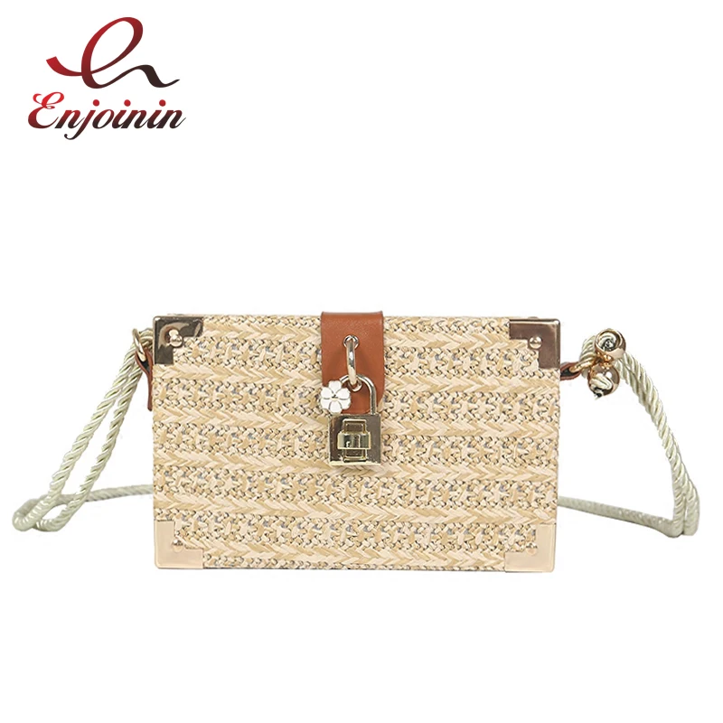 

Summer Fashion Straw Hemp Design Box Style Women's Trend Shoulder Bag Tote Crossbody Mini Messenger Bag Clutch Bag Handbag Flap