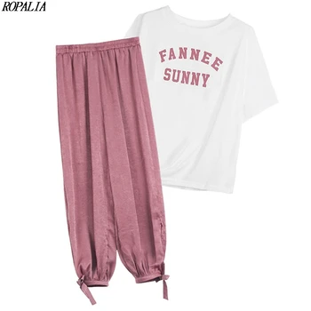 

Women's Short Sleeves O-Neck Letter Print Pullover T-shirt + Solid Ankle-Length Elastic Waist Pants 2 Pieces Sets