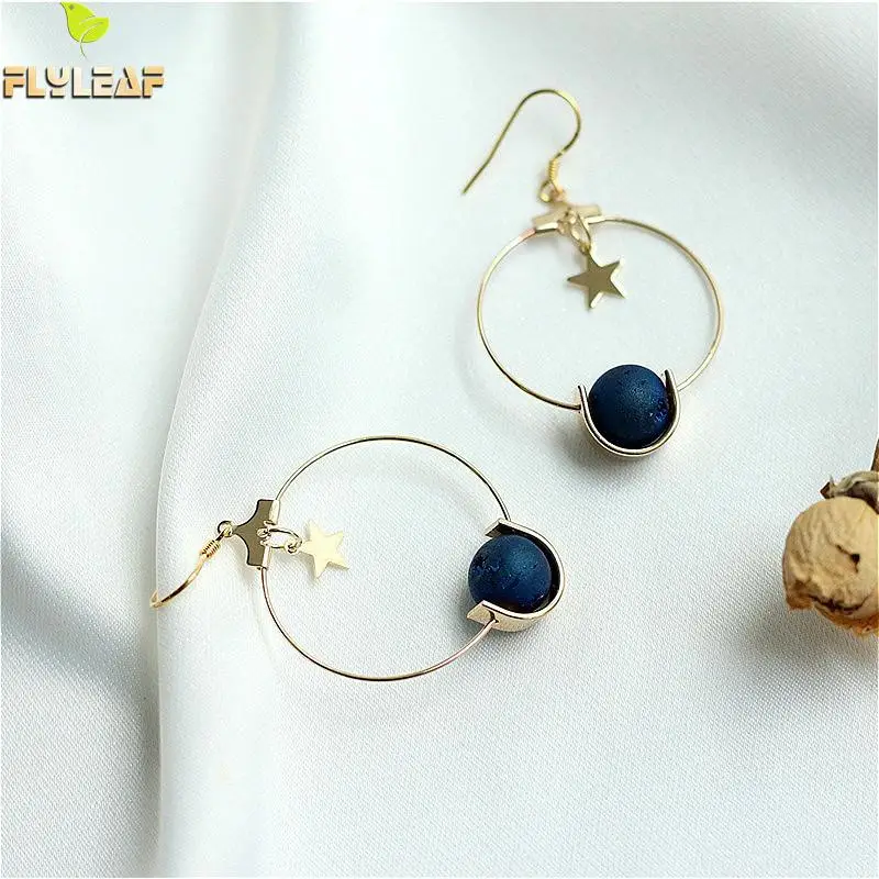 

Flyleaf 925 Sterling Silver Star Big Circle Drop Earrings For Women Matte Crystal Simple Dangle Earings Fashion Jewelry Gold