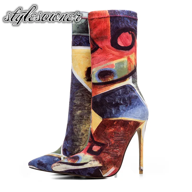 

Stylesowner Rome Style High Quality Pointed Toe Female Short Boots Fabric High Heels 12cm Slip on Look Beauty Thin Heels Boots