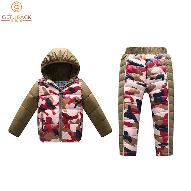 

2017 Kids Down Jacket + Trousers for Winter Top Quality Boys & Girls Camouflage Thermal Clothing Suits Children Suits, HC493
