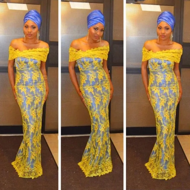 Fashion Bright Yellow African Long Evening Dresses Blue Lace Nigerian Long Dresses African Style