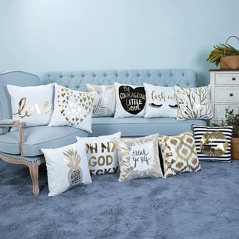 

Creative Gilding Gold Cushion Cover Short Plush Sofa Waist Throw Pillow Case Cover Letter Pineapple Love Heart