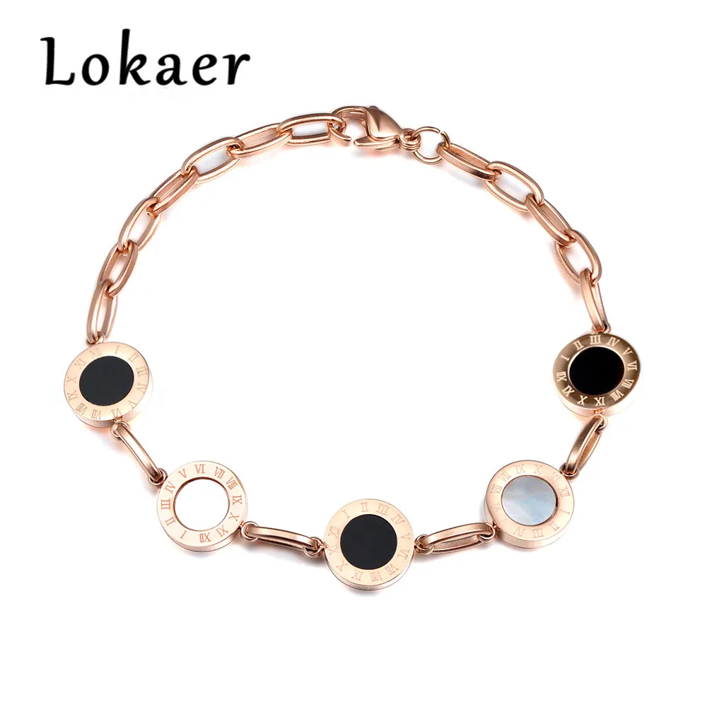 

Lokaer Classic 5 Pcs Circle Roman Number Bracelets Stainless Steel Black Shell Lover Charm Women Bracelets & Bangles B170290800R