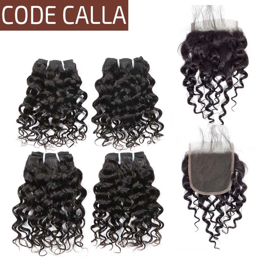 

Code Calla Water Wave Double Drawn Brazilian Remy Human Hair Extensions 50g 8 Inch 4-6 Bundles With 4*4 Closure Can Make A Wig
