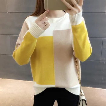 

Women Winter Contrast Color Sweater Long Sleeve Jumper Color Block Ladies Sweater And Pullover Female Knitted Sweater