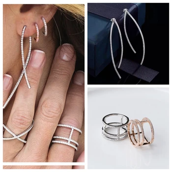 

Simple 925 Sterling Silver One Line Stud Earring Line Finger Ring Jewelry Set Croistte Design Women Wedding Earring Black Rose