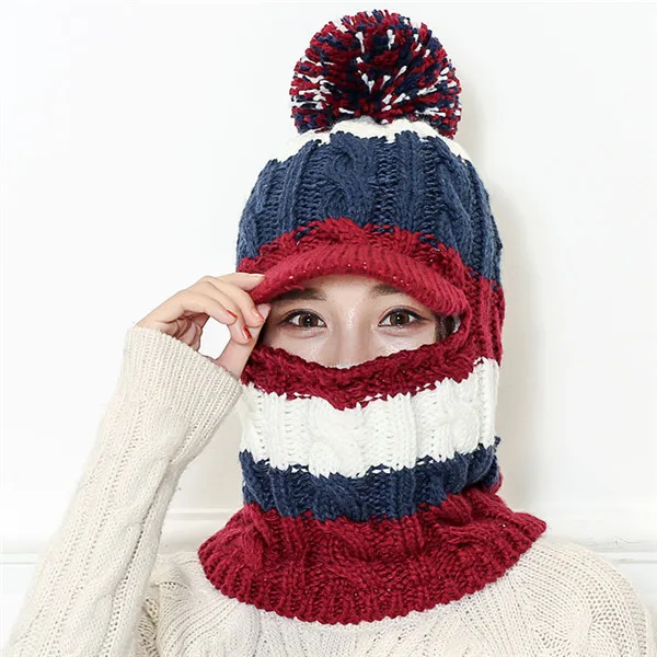 Зимняя вязаная шерстяная шапка теплая маска воротник три комплекта плюс бархат утолщение для женщин мяч шапки шарф для девочек холодную погоду аксессуар