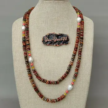

53" Cultured White Pearl Multi Color Red Creek J1asper Long Necklace