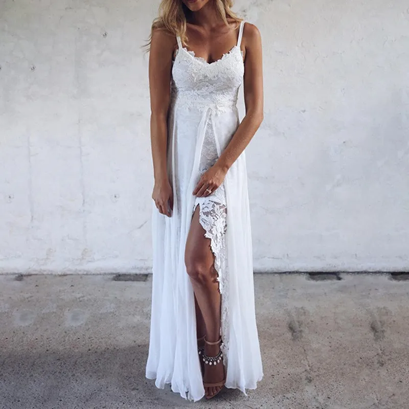 

2019 Summer Women Sexy Embroidered Lace Split Party Dress Spaghetti Strap Beach Dress Solid White V-Neck Long Dresses