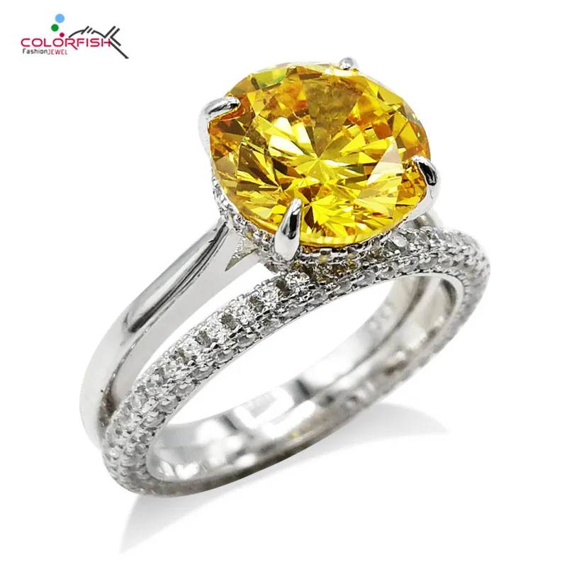 

COLORFISH 4 Carat Luxury 2 Pcs Women's Bridal Ring Set 925 Sterling Silver Yellow Stone Round Cut Solitaire Engagement Ring Set