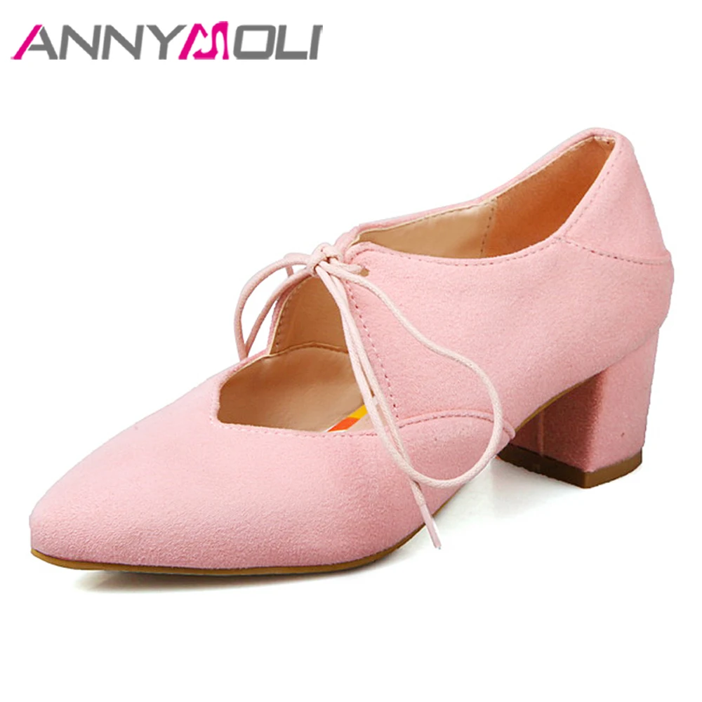 

ANNYMOLI Mary Janes Shoes Women High Heels Spring Lace Up Block High Heel Shoes Bow Pointed Toe Pumps Ladies Green Big Size 3 43