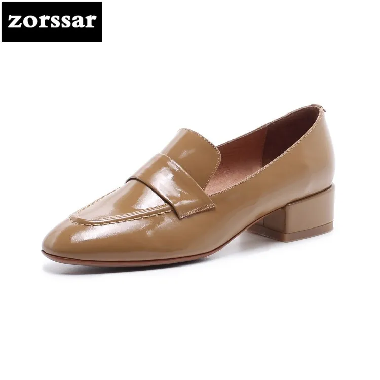 

{Zorssar} 2018 New arrival spring Fashion Solid Patent leather Shallow Women Pumps thick heel Round toe High Heels dress shoes