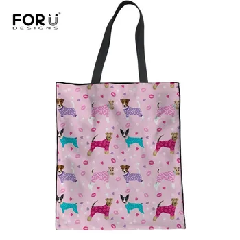 

FORUDESIGNS Kawaii Women Handbags Fox Terrier Print Cute Pink Linen Tote Bags Casual Youth Girls Travel Beach Bag Bolsa Feminina