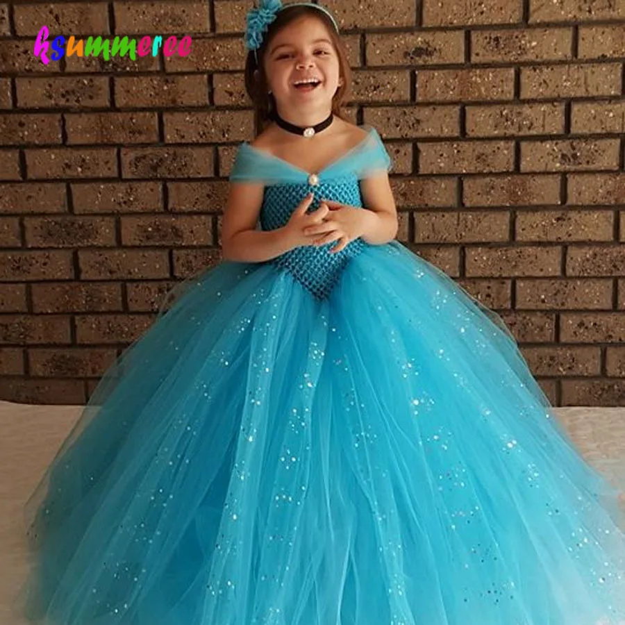 Comprar Vestido de princesa con brillo azul para niñas vestido de fiesta de cumpleaños de princesa Elsa inspirado en los niños de diamantes de imitación de boda tutú