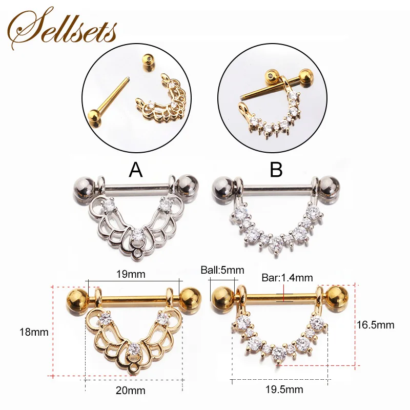 Sellsets Cubic Zirconia Nipple Barbell Ring Silver And Gold Stainless