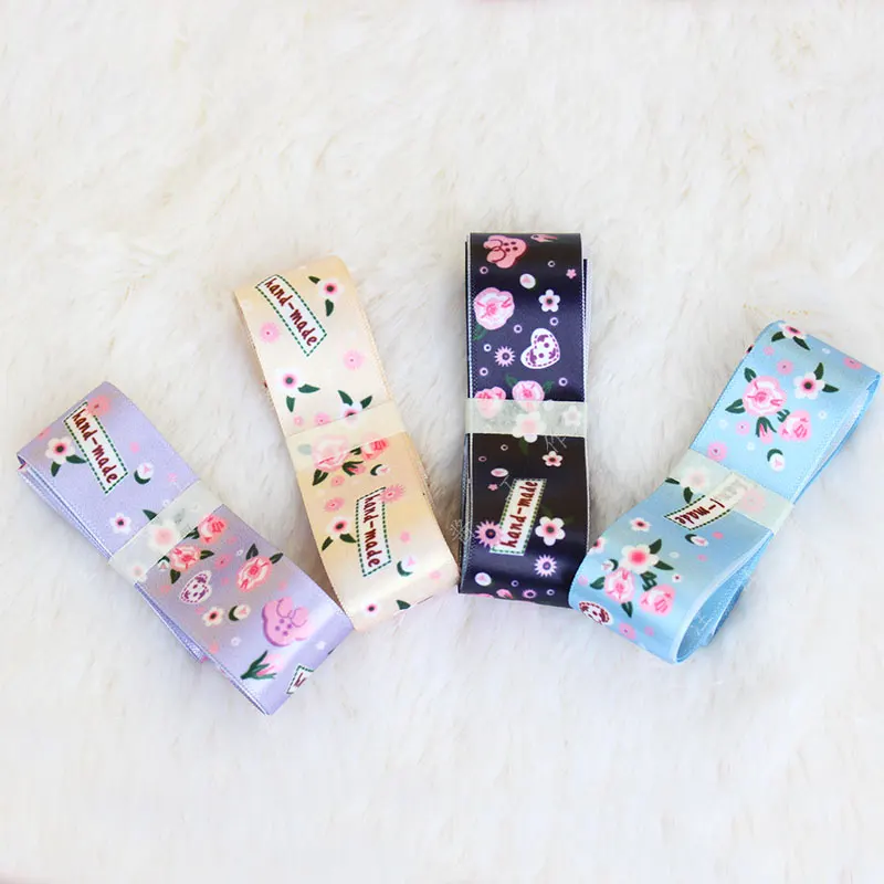 

Pretty 1 meter 25mm flower printed Satin Ribbon Single Face Gift Wrapping DIY handmade materials Rosette Bow Sewing Accessories