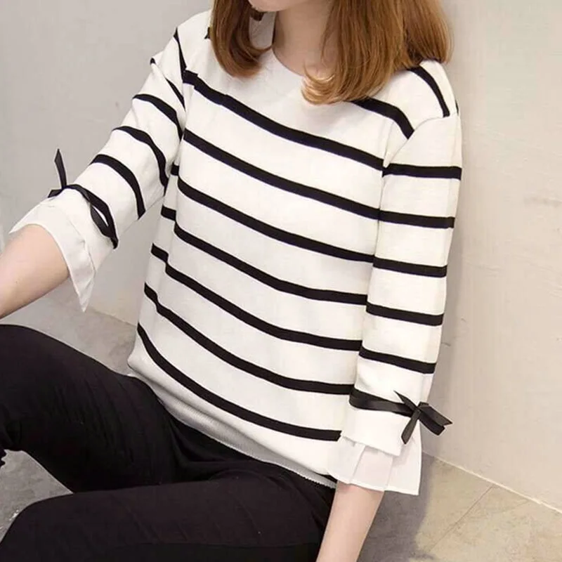 

Autumn New Casual Women T-shirt Loose O-Neck Striped Pattern T-shirt Novel Flare Three Quarter Sleeve Women's T-shirt