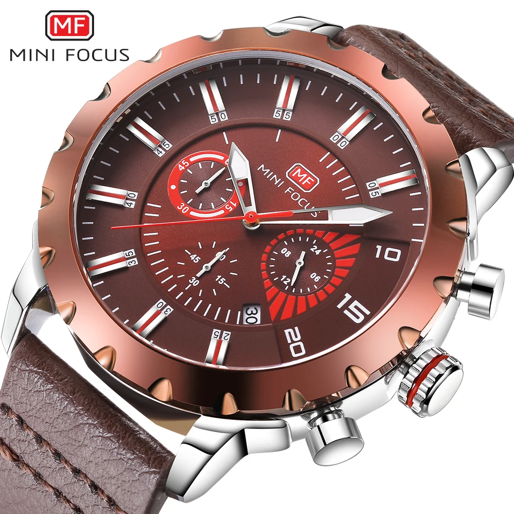 

Luxury Brand Men Quartz Watch Men Sport Watches MINIFOCUS Genuine Leather Strap Hot Male Calender 30M Waterproof Wristwatches