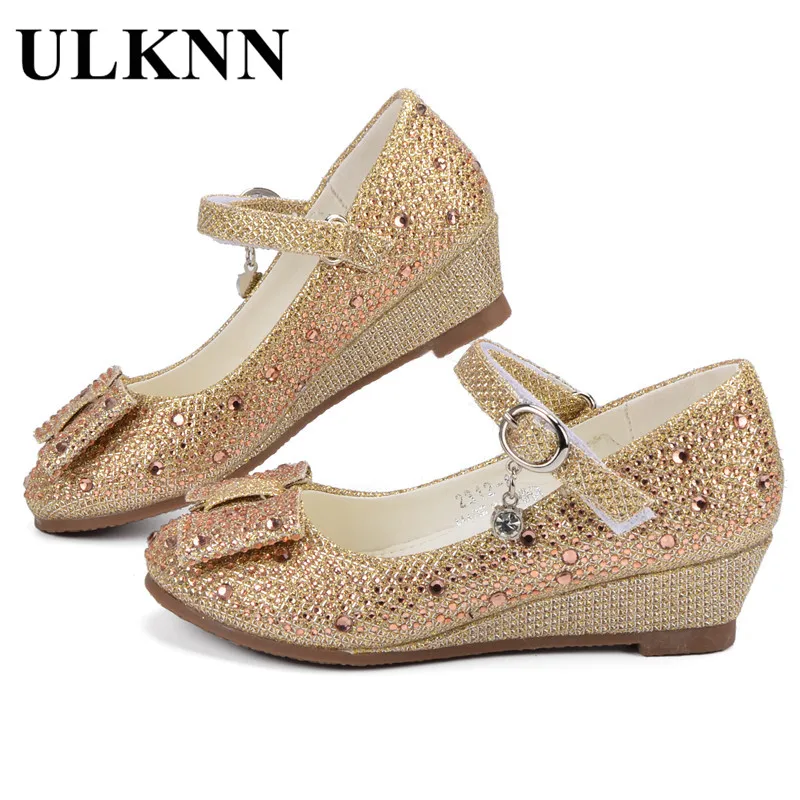 ULKNN Girls Silver Gold Party Wedding shoes Princess Shoes Leather Glitter Crystals Rhinestones Wedge Butterfly Knot Kids Shoes