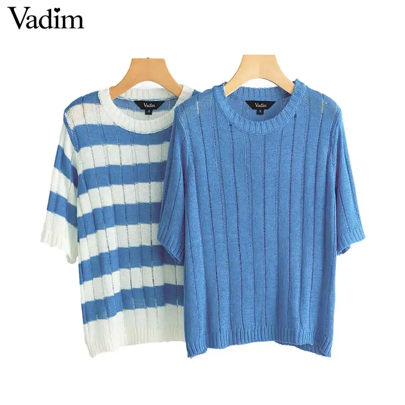 

Vadim women hollow out knitted blouse short sleeve stretchy shirts short style female blue striped cozy top blusas mujer DA237