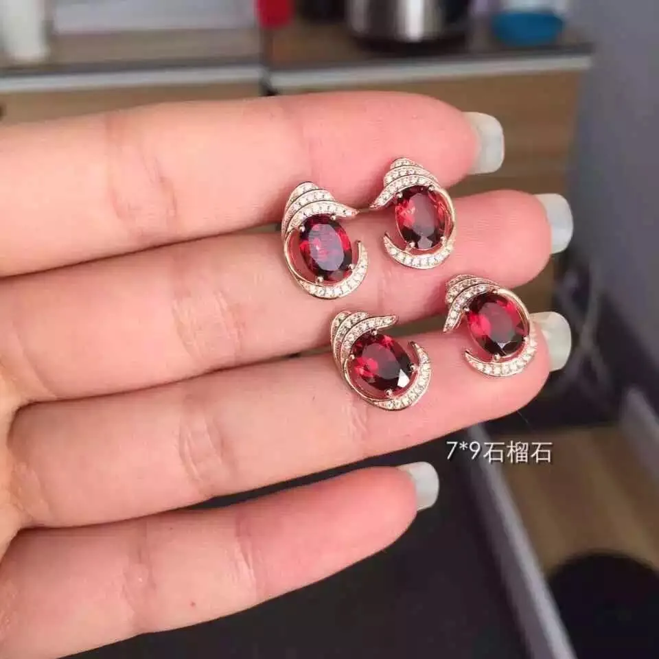 natural garnet stone stud earrings s925 silver red for women party fine round Earrings jewelry | Украшения и аксессуары