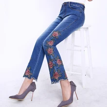 Осень Весна Винтаж повседневное для женщин стрейч вышивка Flare синие джинсы брюки для девочек, осень обтягивающие эластичные джинсы мотобрюки женщи