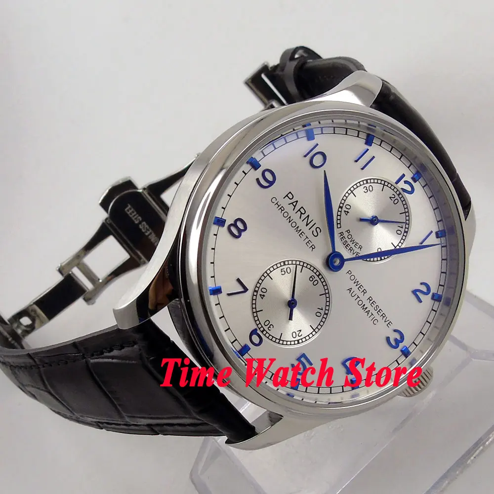 

Parnis watch 43mm men's watch deployant clasp power reserve silver dial blue marks ST2542 Automatic wrist watch men 99