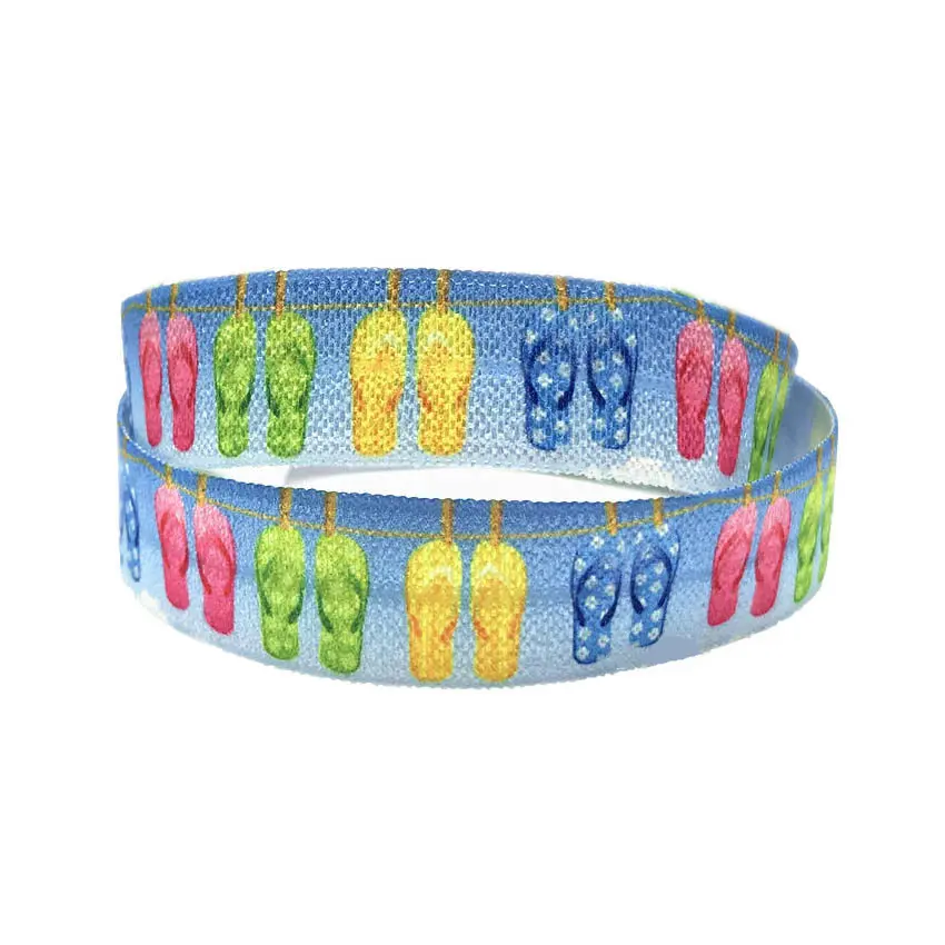 

16mm 10 Yards Flip Flops Print Fold Over Elastic Ribbon Summer Colorful Slipper FOE Headband Diy Party Decoration Wholesale