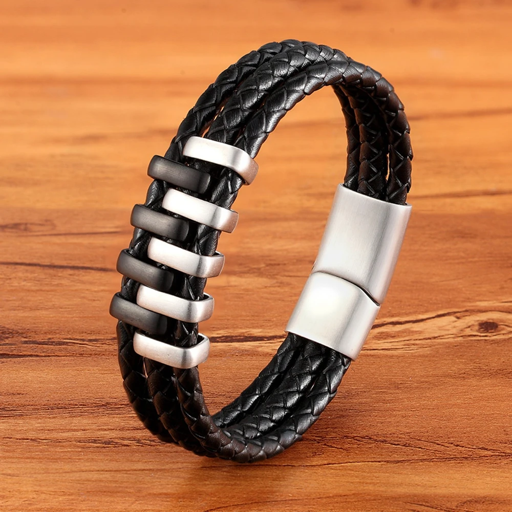 Amazon.com: Skcess Bracelet for Boys Black, Men Bracelet Leather Cuff  Simple Style Braided Leather Cord Bracelet Stainless Steel Braclets for Men  16.5cm: Clothing, Shoes & Jewelry