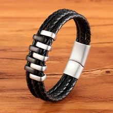 Tyo meninos homens unisex italiano preto em camadas pulseiras de couro genuíno charme com fecho magnético de aço inoxidável tamanhos 19/21/23 cm