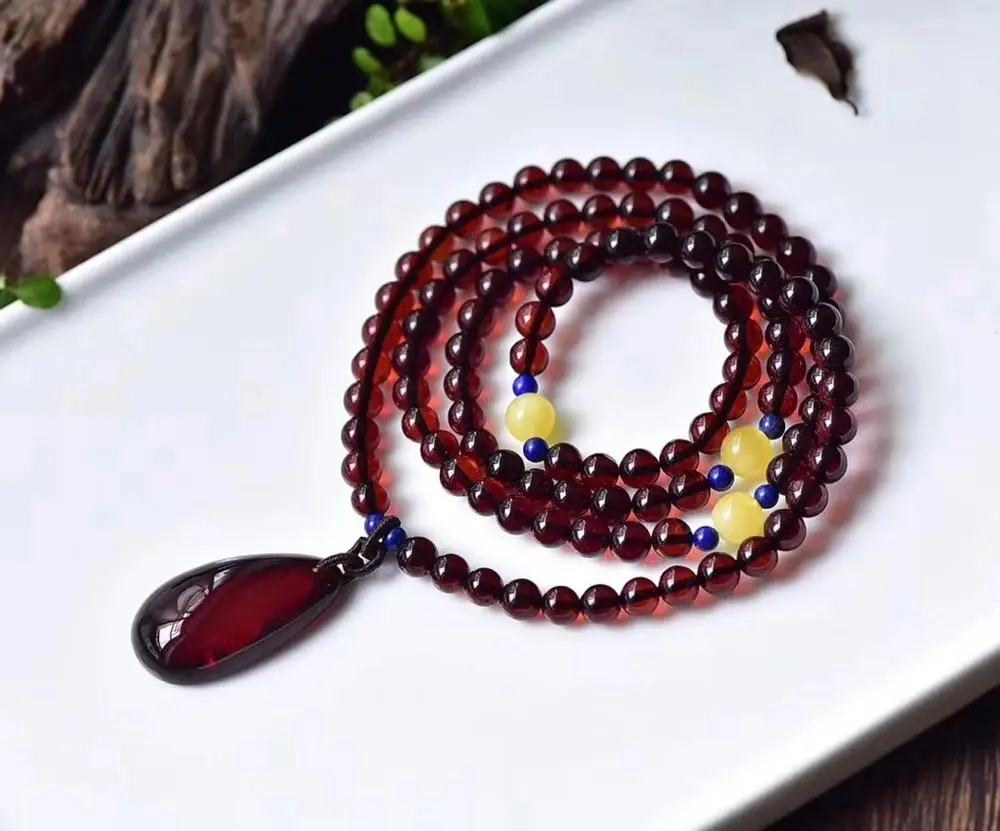 

Certificate Natural Blood Red Amber Women 108 Prayer Round Beads Bracelet 6.2mm Stretch Crystal Amber Pendant Fashion AAAAA