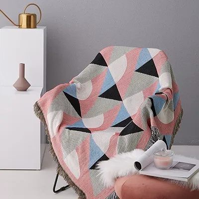 Винтажное геометрическое Зеленое одеяло для дивана, вязаное одеяло для дивана, Хлопковое одеяло для дивана/стула, гобелен, ковер, одеяло для путешествий - Цвет: Розовый