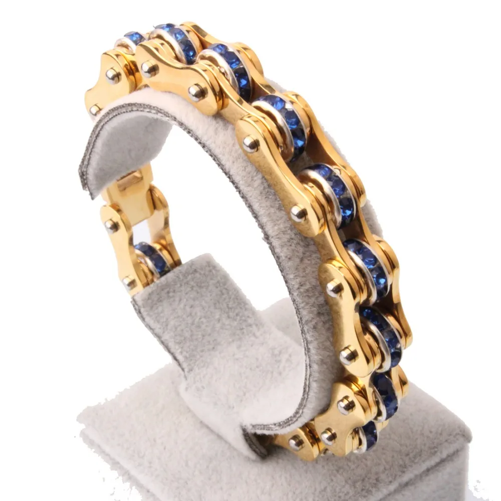 9mm High Quality Stainless Steel Gold Color Motorcycle Biker Chain Blue Rheinstone Mens Womens Bracelet Bangle 8&quot Christmas Gift |