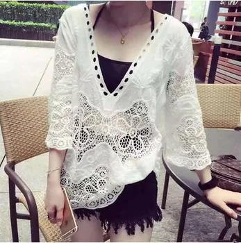 

New National Wind Depth V-collar Hollow Hook Lace Blouse Nine-Sleeve Mid-long Lace Blouse