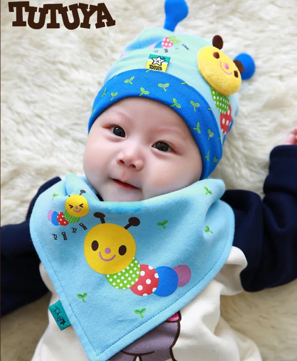 Осень зима 4 цвета милые Caterpillar Baby Beanie и нагрудники комплект детская шапка треугольный шарф костюм детские аксессуары для одежды