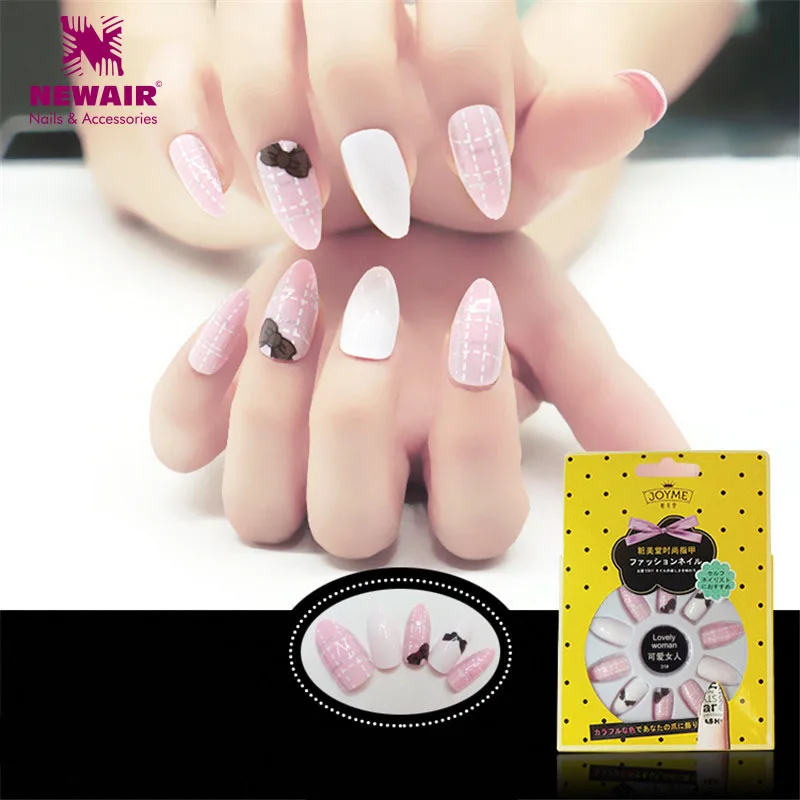 Stiletto False Nails with Designs Full Cover Pink Fake Nail Tips Fuax Ongles Women Decorated Art | Красота и здоровье
