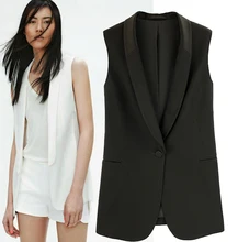 2017 Spring New Arrival One Button Chiffon Suit Vest, Women Black Workwear Sleeveless Jacket
