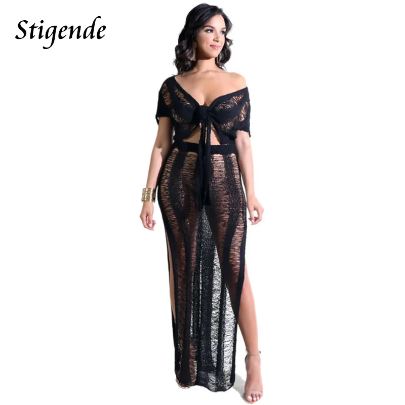 

Stigende Knitted Two Piece Crop Top Skirt Set Women Crochet 2 Piece Set High Split See Through Summer Beach Set Wear Cover Dress