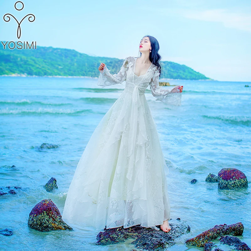 YOSIMI летнее высококачественное шифоновое винтажное длинное женское платье с цветочной вышивкой вечернее платье со стоячим воротником до середины икры