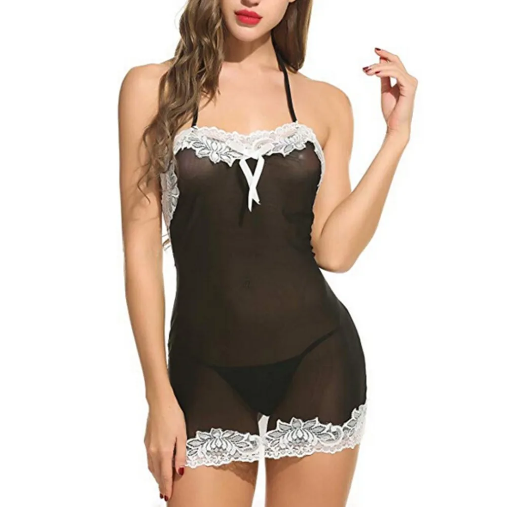 

Avilove Mini Low Sexy Lingerie Slim Nightwear Halter Set Patchwork Knee Sleepwear Women Home Above Lace Waist V-neck
