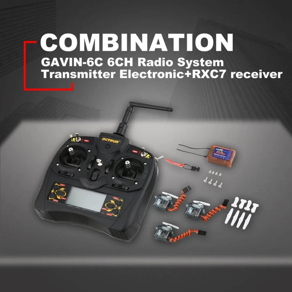 

Detrum GAVIN-6C 6-Channel 2.4G Digital Remote Control + RXC7 Receiver + 4 * 9g Steering Gear Set for RC Plane Boat Car Model