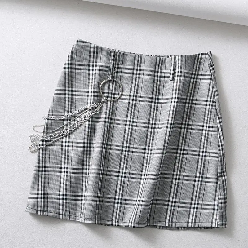 Женская клетчатая офисная облегающая мини-юбка с цепочкой, высокая талия, тонкие женские юбки, летняя модная новинка, женская короткая юбка
