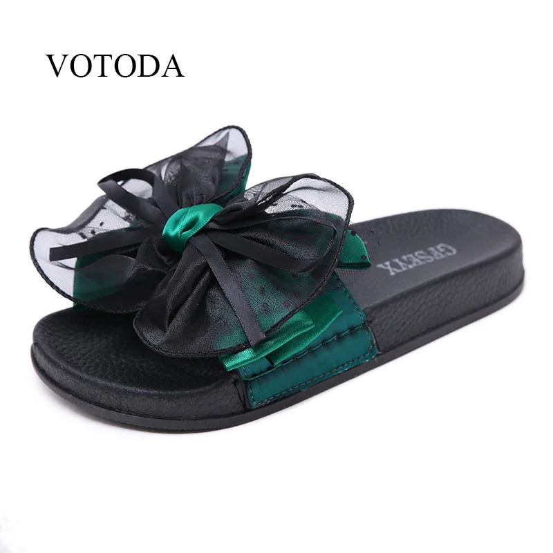

VOTODA New Women's Trend Bow Slippers Casual Beach Flat Flip Flops Elegant Dot Bow Slides Quality Designer Silk Shoes Large Size