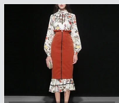 Дизайнерская Осенняя женская блузка с длинным рукавом-фонариком и принтом+ юбка-карандаш с завышенной талией до середины икры элегантный комплект из 2 предметов C2240 - Цвет: Слоновая кость