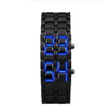 Moda Masculina Pulseira Lava Estilo Samurai De Ferro Preto Japonês Inspirado LED AZUL Relógio Caso Relógio de Aço Dos Homens Relógio de Luxo Preto