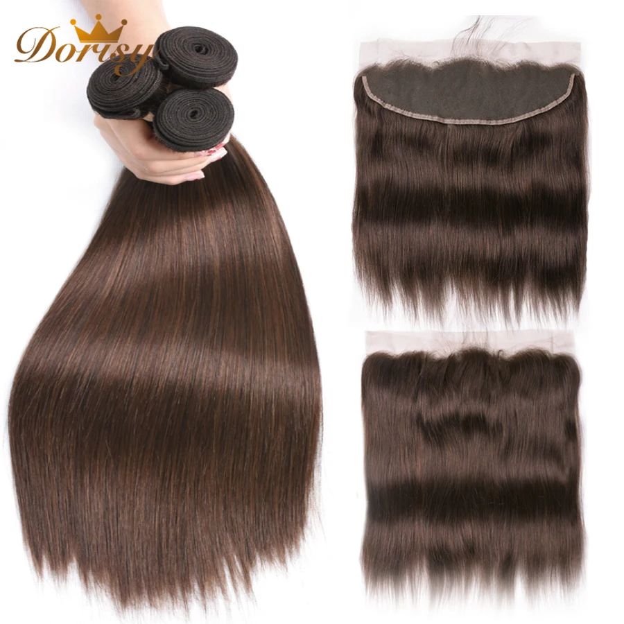 

Malaysia Straight Human Hair Bundles With Lace Frontal Brown Bundles With Frontal Dorisy 4# Non Remy Human Hair Extensions