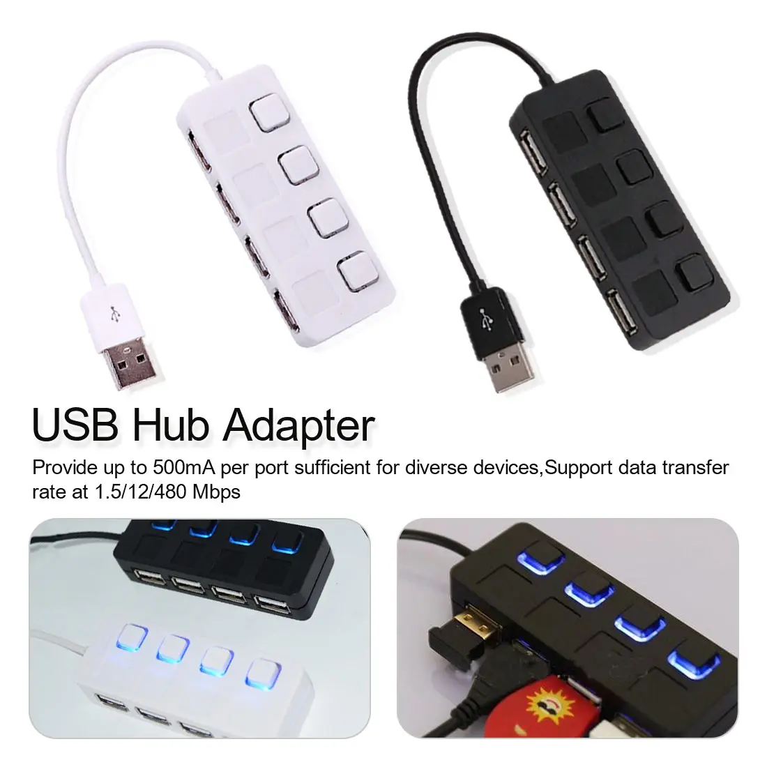 

High Speed Slim 4 Ports USB 2.0 Hub LED USB Hub Splitter With Power on/off Switch For Laptop PC Computer Wholesales Black/White